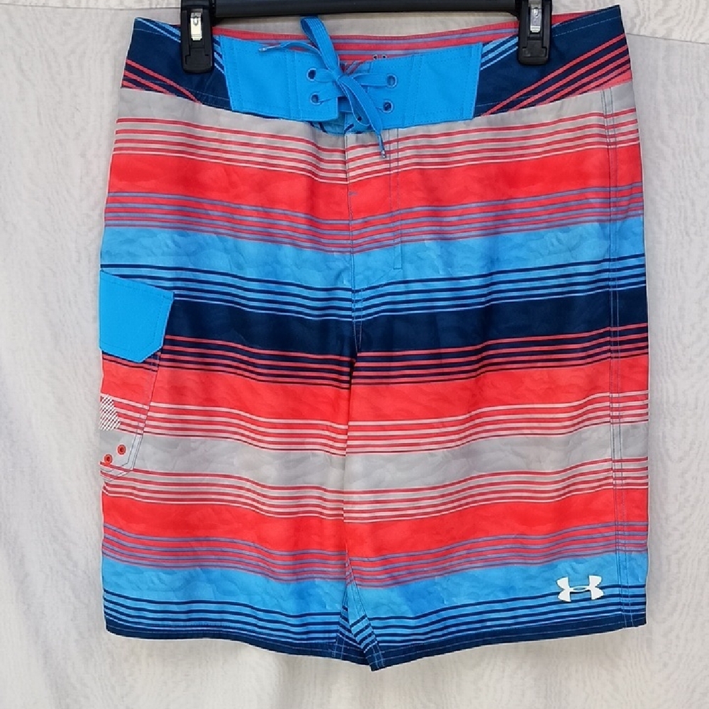 Under Armour Red and Blue Board Shorts with Striped Design